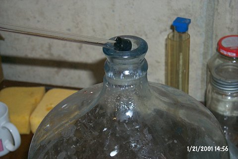 Getting ready to start a siphon. The rubber tip prevents the glass tube from chipping.