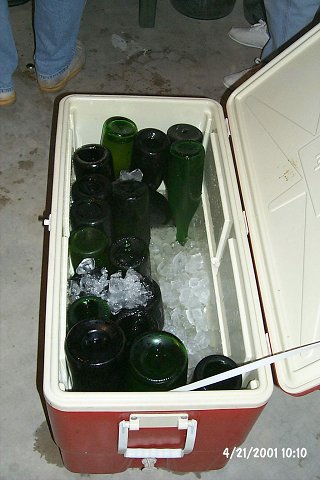 The bottles are first cooled down in regular ice, to prevent thermal shock.