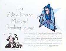 Poster: 'The Alicia Fresca Memorial Smoking Lounge', angular upper-class woman, stereotype cigar-smoking tycoon, possibly funny text.