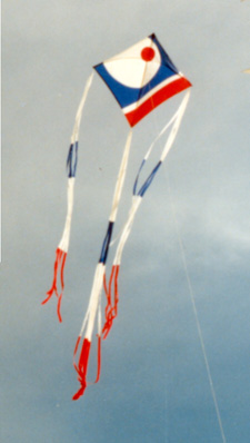 Photo: Red Dot #3 kite in the air at the Washington State International Kite Festival, 1986.  Photo by Mike Carroll.
