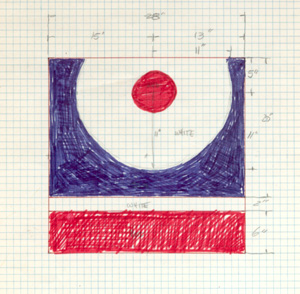 Drawing: Red Dot #3 kite, by Mike Carroll, an abstract design of a red dot surrounded by a a partial white circle, blue background, with red and white stripe.