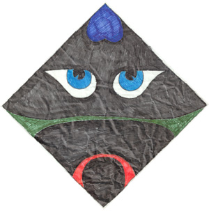 Drawing: Soft Warrior, by Mike Carroll, a stylized picture of a Japanese warrior on a hata-like kite face.