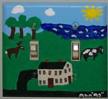 Photo: Painted switchplate of a country home, with deer, forest, and sea, by Allen Rolfe.