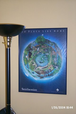 Unknown artist, "No Place Like Home", poster of the Earth as a globe with its denizens on it.
The Smithsonian Institute gave these to its members some years ago.