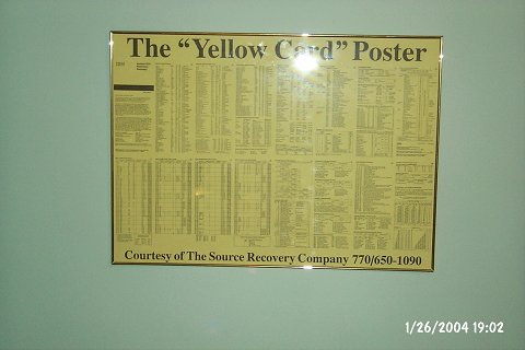 IBM Corporation, The Source Recovery Company, "The Yellow Card Poster", poster (obviously!).
To mainframe programmers of a certain age, the "Yellow Card" was the bible of IBM hardware.
(Other ages had their own colors: green, white, beige (!), and others.)
The Source Recovery Company printed the front and back of the card, framed by their logo and name.
Not quite as handy as the card itself (hard to read from the desk!), but a good "What the?" piece.