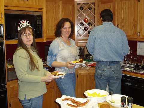 Eggs, bacon, sausage, fresh banana muffins and a few vats of coffee. Buzz still doesn't like having his photo taken.